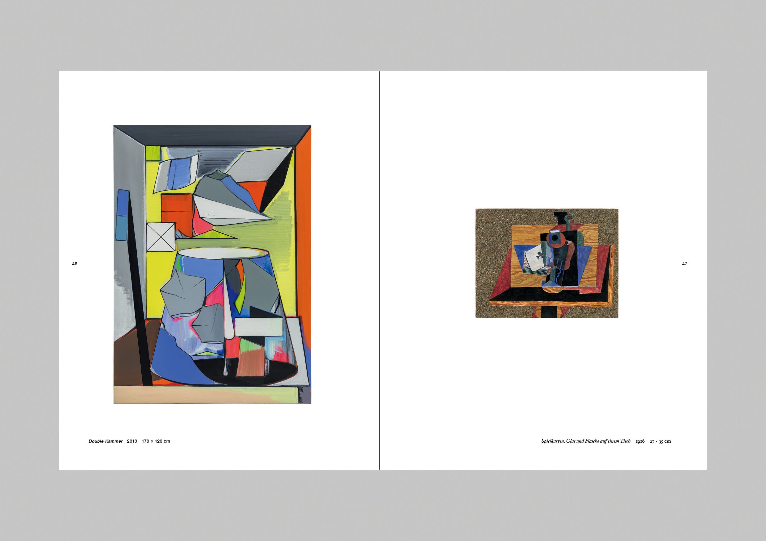 Innenseite des Kataloges mit einem Gemälde von Thomas Scheibitz neben einem Bild von Pablo Picasso.