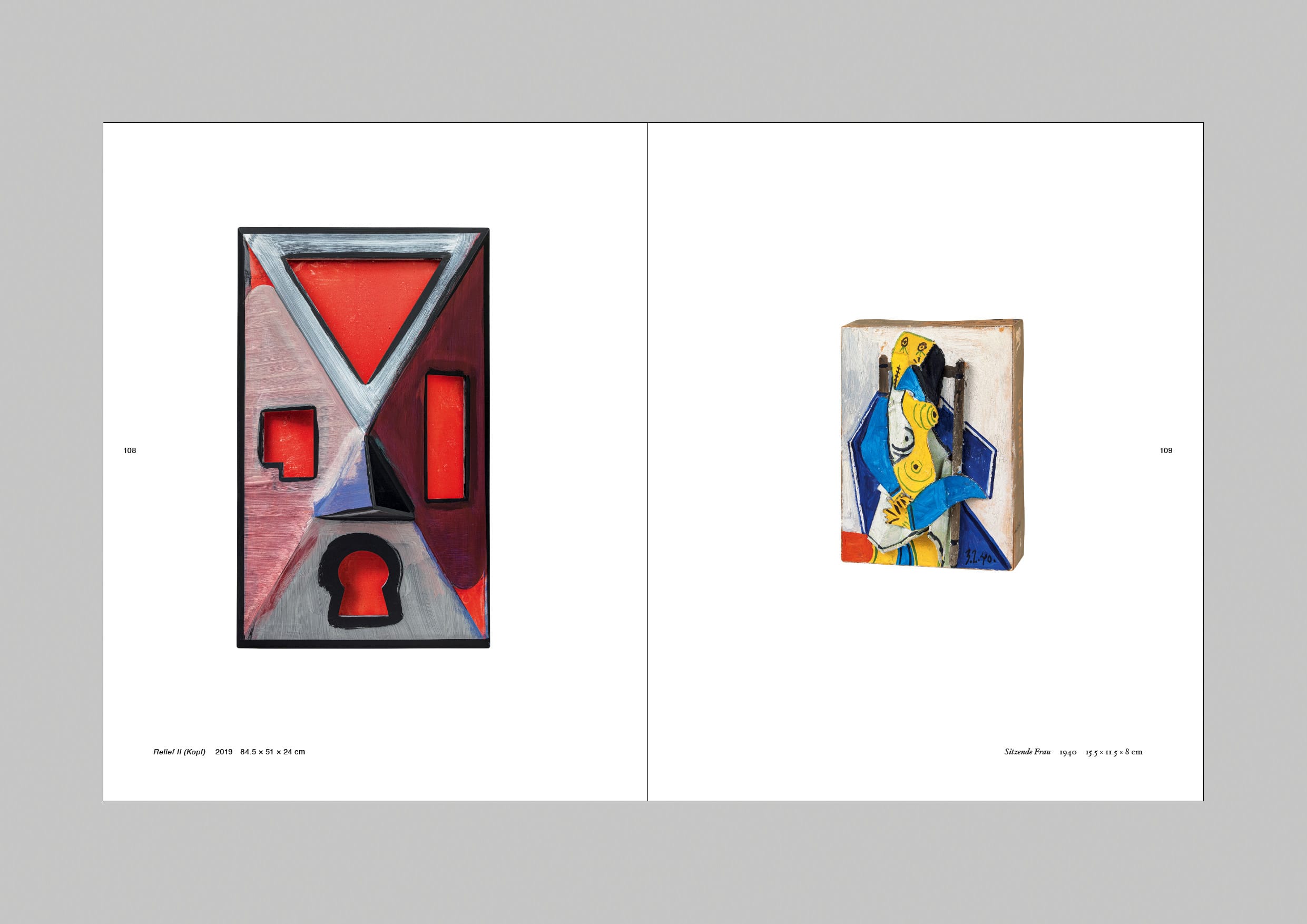 Innenseite des Kataloges mit einem Gemälde von Thomas Scheibitz neben einem Bild von Pablo Picasso.