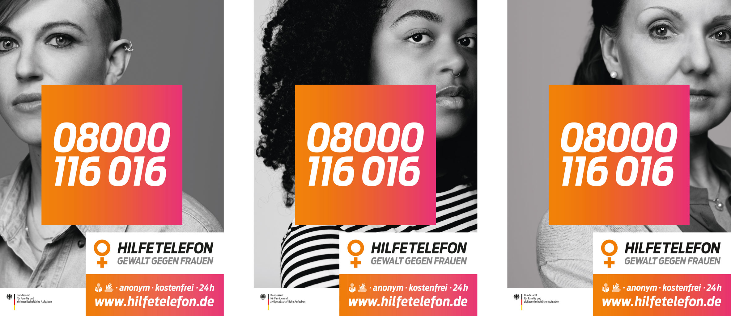 Drei Plakat-Motive der Hilfetelefon-Kampagne